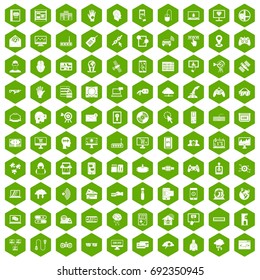 100 virtual icons set in green hexagon isolated vector illustration