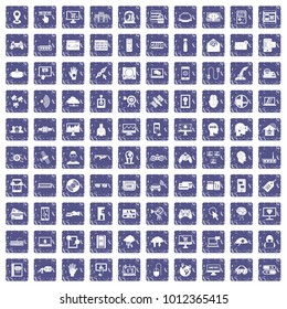 100 virtual icons set in grunge style sapphire color isolated on white background vector illustration