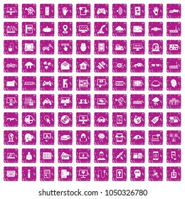 100 virtual icons set in grunge style pink color isolated on white background vector illustration
