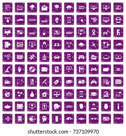 100 virtual icons set in grunge style purple color isolated on white background vector illustration