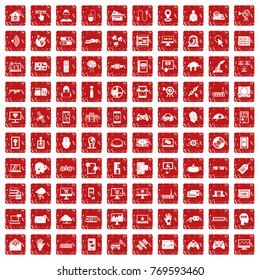 100 virtual icons set in grunge style red color isolated on white background vector illustration