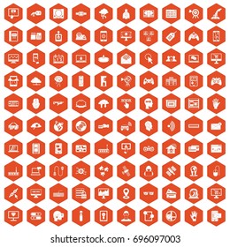 100 virtual icons set in orange hexagon isolated vector illustration
