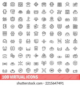 100 virtual icons set. Outline illustration of 100 virtual icons vector set isolated on white background