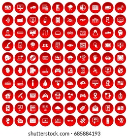 100 virtual icons set in red circle isolated on white vectr illustration