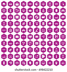 100 virtual icons set in violet hexagon isolated vector illustration