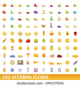 100 vitamin icons set. Cartoon illustration of 100 vitamin icons vector set isolated on white background