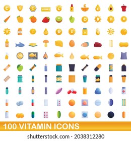 100 vitamin icons set. Cartoon illustration of 100 vitamin icons vector set isolated on white background