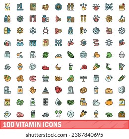 100 vitamin icons set. Color line set of vitamin vector icons thin line color flat on white