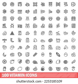 100 vitamin icons set. Outline illustration of 100 vitamin icons vector set isolated on white background