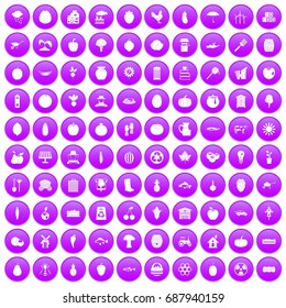 100 vitamins icons set in purple circle isolated on white vector illustration