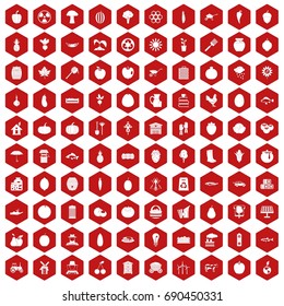 100 vitamins icons set in red hexagon isolated vector illustration