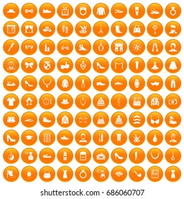 100 vogue icons set in orange circle isolated on white vector illustration