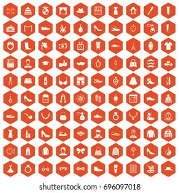 100 vogue icons set in orange hexagon isolated vector illustration