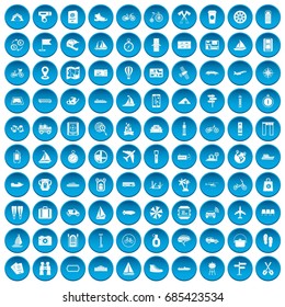 100 voyage icons set in blue circle isolated on white vectr illustration