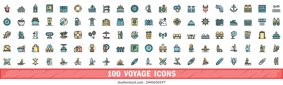 100 voyage icons set. Color line set of voyage vector icons thin line color flat on white