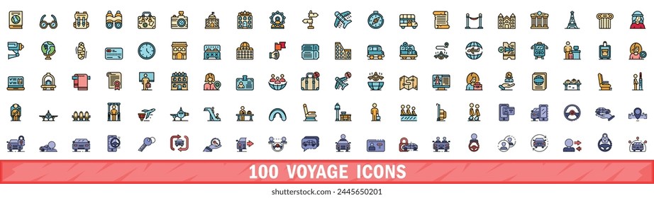 100 voyage icons set. Color line set of voyage vector icons thin line color flat on white