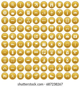 100 voyage icons set in gold circle isolated on white vectr illustration