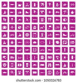 100 voyage icons set in grunge style pink color isolated on white background vector illustration