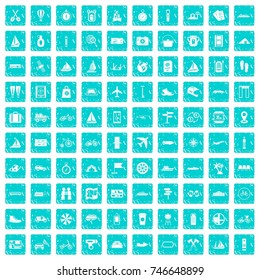 100 voyage icons set in grunge style blue color isolated on white background vector illustration