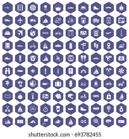 100 voyage icons set in purple hexagon isolated vector illustration