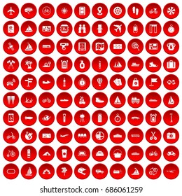 100 voyage icons set in red circle isolated on white vectr illustration