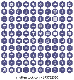 100 war crimes icons set in purple hexagon isolated vector illustration
