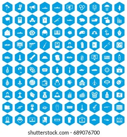 100 war icons set in blue hexagon isolated vector illustration