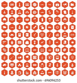 100 war icons set in orange hexagon isolated vector illustration