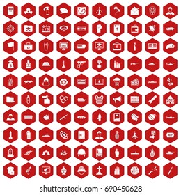 100 war icons set in red hexagon isolated vector illustration