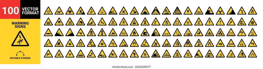 100 Warning Signs Vector Set in Editable Stroke Format