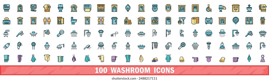 100 washroom icons set. Color line set of washroom vector icons thin line color flat on white