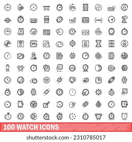 100 watch icons set. Outline illustration of 100 watch icons vector set isolated on white background