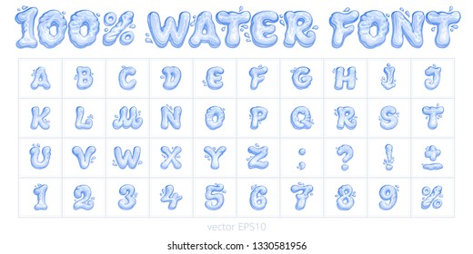 100% water font. Vector set of letters, numbers, punctuation marks and percent sign. Blue flexible characters, digits with a drops and splashes. Funny hand drawn English alphabet for drinks designs