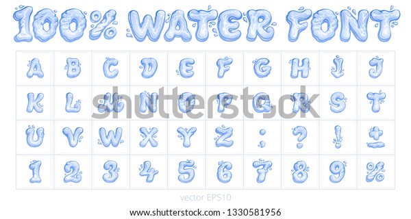 100 水フォント 文字 数字 句読点 パーセント記号のベクター画像セット 青いフレキシブルな文字 しずくを付けた数字 おかしな手書き の英語のアルファベットで飲み物のデザインをデザイン のベクター画像素材 ロイヤリティフリー