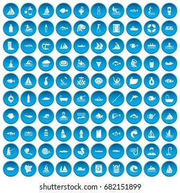 100 water icons set in blue circle isolated on white vector illustration