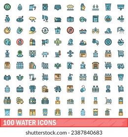 100 water icons set. Color line set of water vector icons thin line color flat on white