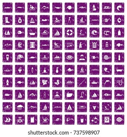 100 water icons set in grunge style purple color isolated on white background vector illustration