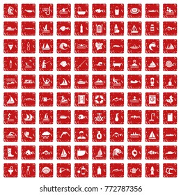 100 water icons set in grunge style red color isolated on white background vector illustration