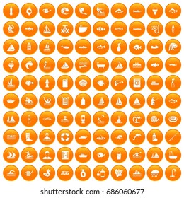 100 water icons set in orange circle isolated on white vector illustration