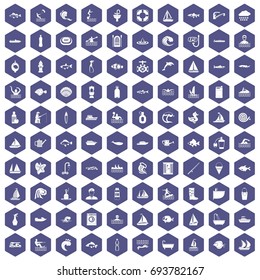 100 water icons set in purple hexagon isolated vector illustration