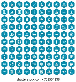 100 water icons set in sapphirine hexagon isolated vector illustration