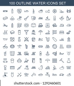 100 water icons. Trendy water icons white background. Included outline icons such as pool, turtle, ship, tap, baby bath, dolphin, palm, shovel and rake. water icon for web and mobile.