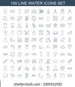 100 water icons. Trendy water icons white background. Included line icons such as soap, sponge, soda bottle, mug, shower, ship, soda, teapot, water hose. icon for web and mobile.
