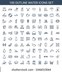 100 water icons. Trendy water icons white background. Included outline icons such as bottle, water hose, sailboat, sponge, cargo ship, island, soap. icon for web and mobile.