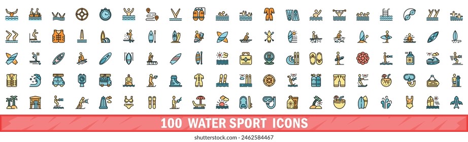 100 iconos de deportes acuáticos. Conjunto de línea de color de iconos de vectores de deportes acuáticos línea fina de color plana en blanco