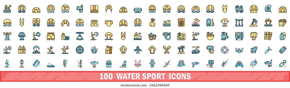 100 water sport icons set. Color line set of water sport vector icons thin line color flat on white