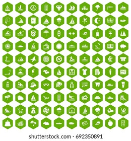 100 water sport icons set in green hexagon isolated vector illustration