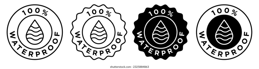 100% waterproof icon set collection. Water resistant material badge or emblem. Vector sign and symbol of weather resistance product concept illustration in seal or stamp style mark for web app ui use.