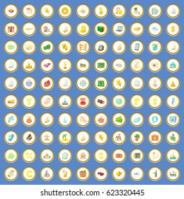 100 wealth icons circle set on blue background cartoon style vector illustration