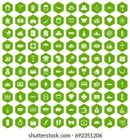 100 wealth icons set in green hexagon isolated vector illustration